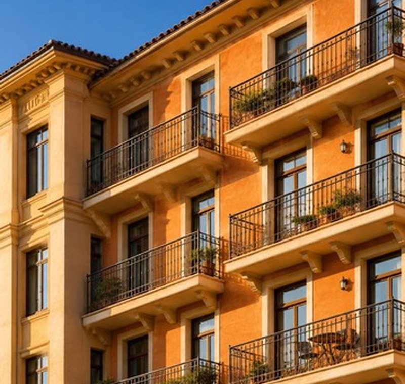Detalle de fachada rehabilitada con balcones